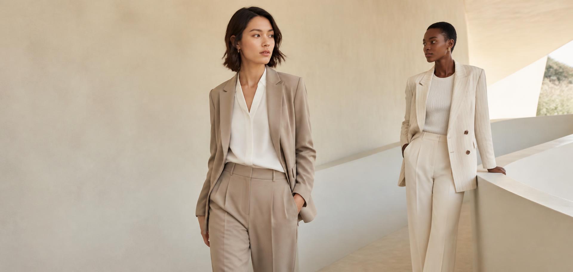 Two professional women in neutral tailored Moreen workwear in a contemporary architectural space