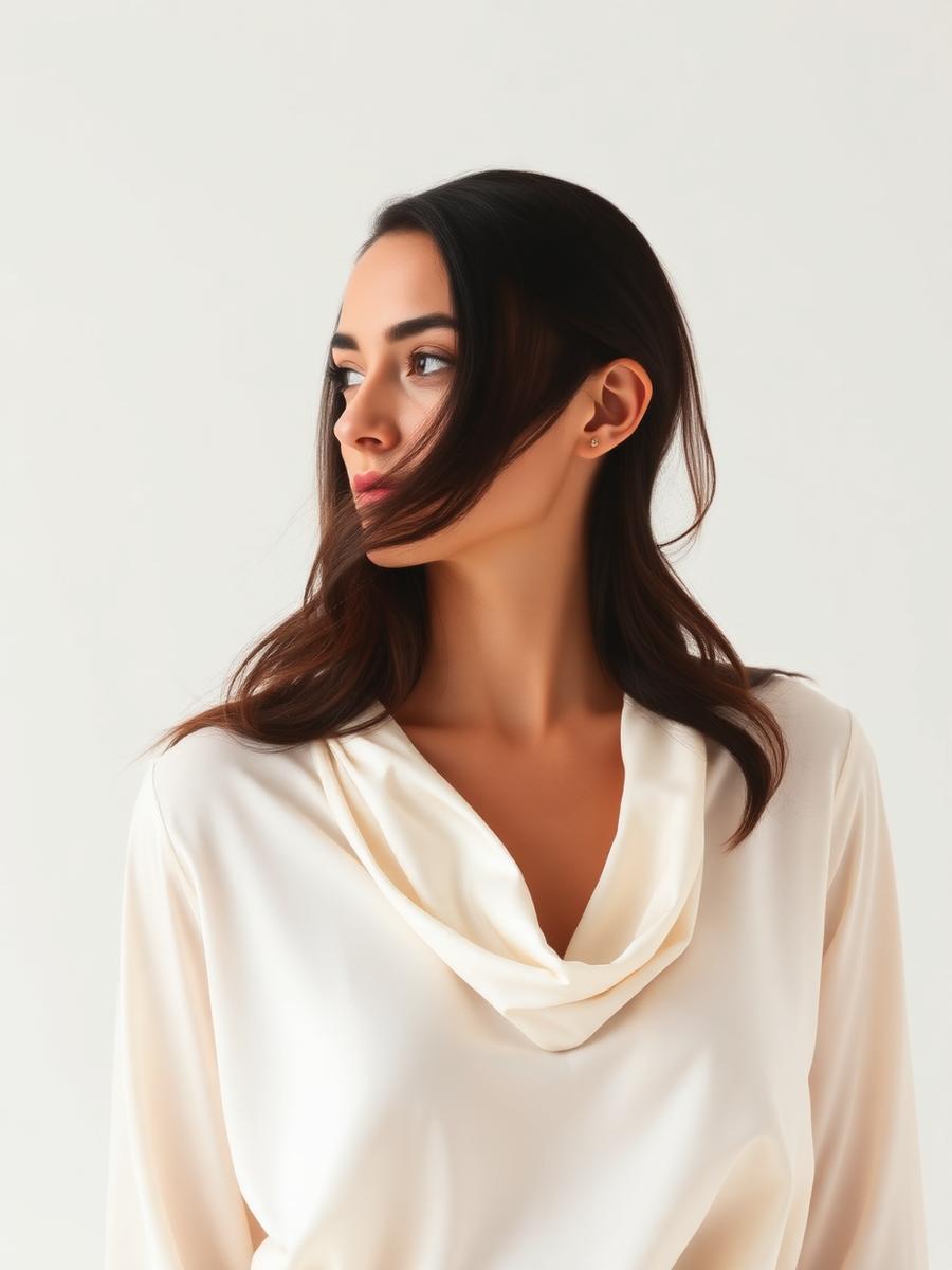 Woman wearing a fluid ivory silk blouse with draped neckline