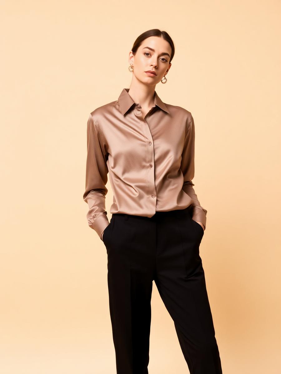 Woman wearing a taupe satin shirt blouse