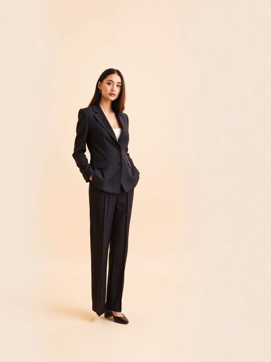 Woman wearing a charcoal single-breasted tailored suit