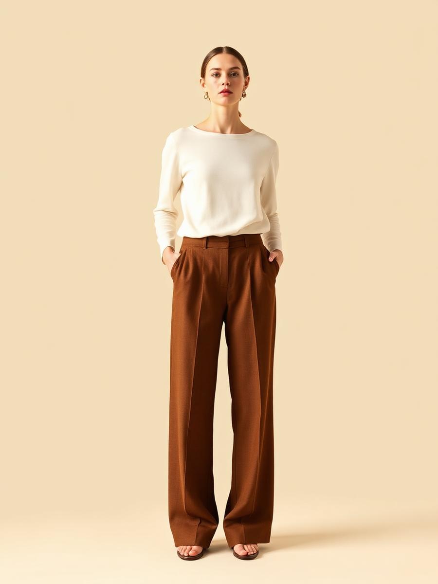 Woman wearing deep brown tailored suit trousers